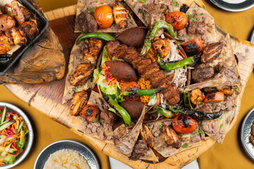 Top view, traditional Turkish cuisine and table setting, food service, appetizers and dishes.