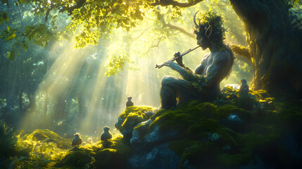 Vibrant Image of a Satyr Playing a Flute While Seated on a Moss-Covered Rock in a Sunlit Glade