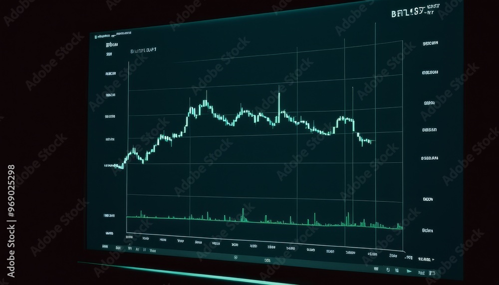 Poster a digital screen displays a bitcoin market analysis with fluctuating graphs and data, representing t
