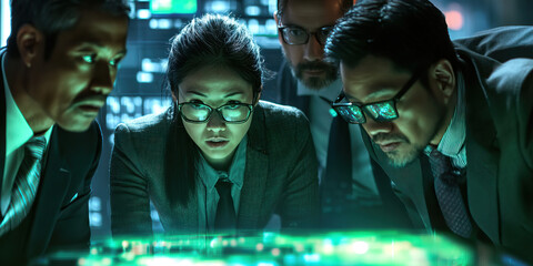 Matrix Moment: A group of coworkers gather around a holographic display, deep in discussion.