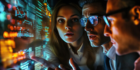 Matrix Moment: A group of coworkers gather around a holographic display, deep in discussion.