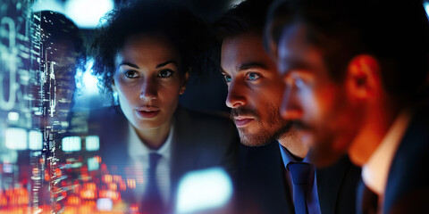 Matrix Moment: A group of coworkers gather around a holographic display, deep in discussion.
