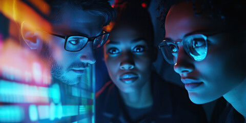 Matrix Moment: A group of coworkers gather around a holographic display, deep in discussion.