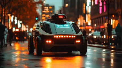Autonomous AI-guided patrol bots monitoring public safety in urban areas: Robots patrolling city streets, scanning for security threats and reporting them in real-time.
