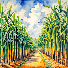 Sugar cane stalks with sugar cane plantation background.
