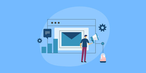 Marketing automation, message open rate increase CTR, businessman with megaphone in hand, email marketing software e-business concept, vector illustration.
