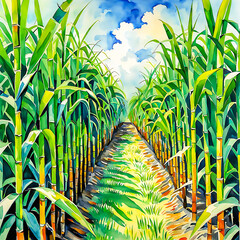 Sugar cane stalks with sugar cane plantation background.