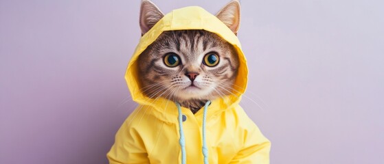 A cat is wearing a yellow raincoat and standing in front of a purple background