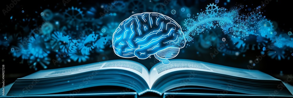 Poster abstract blue glowing brain floating above open book symbolizing acquiring knowledge.