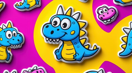 Obraz premium Bright and playful cartoon dinosaur stickers on a vibrant background, perfect for children's designs and fun-related projects.