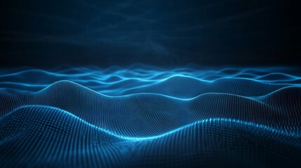 Naklejka premium Vibrant blue waves create a mesmerizing visual in a dark space, showcasing depth and movement in a digital landscape.