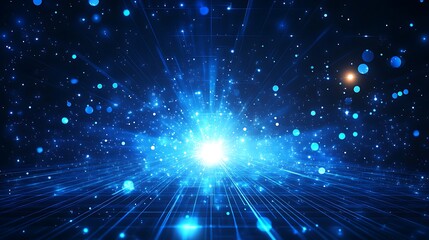 Obraz premium Vibrant cosmic background with glowing blue particles and rays of light, creating a feeling of depth and magic in the universe.