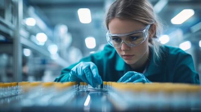 A factory worker in protective gear inspects test tubes during product quality checks at a laboratory facility in the morning
