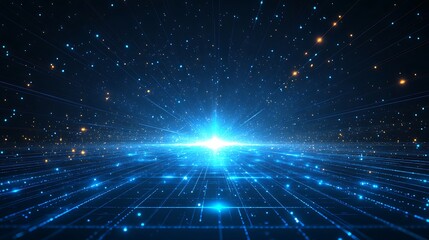 Fototapeta premium Vibrant cosmic scene with glowing star and bright beams of light against a deep blue background, ideal for sci-fi themes.