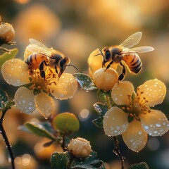 Two bees perched on dew-covered yellow flowers, with a soft, glowing background, showcasing nature's beauty and pollination.