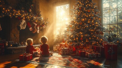 A Joyful Christmas Morning Scene with Children Unwrapping Presents by the Tree in Their Cozy Living Room