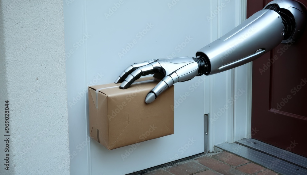 Poster a close-up of a robotic hand placing a cardboard package at a front door. the scene highlights the u