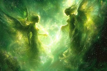 Ethereal female figures emerging from a vibrant green cosmic nebula