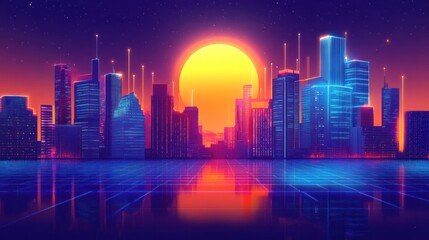 Neon-lit city skyline with a large orange sun in the sky