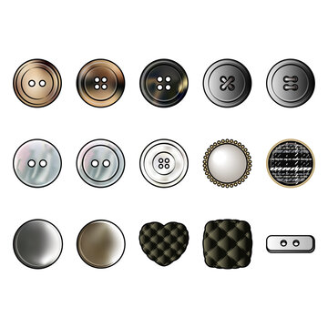 Vector Sewing button flat sketches for fashion clothing. Shank buttons, flat buttons and metal buttons, tweed buttons, pearl buttons.