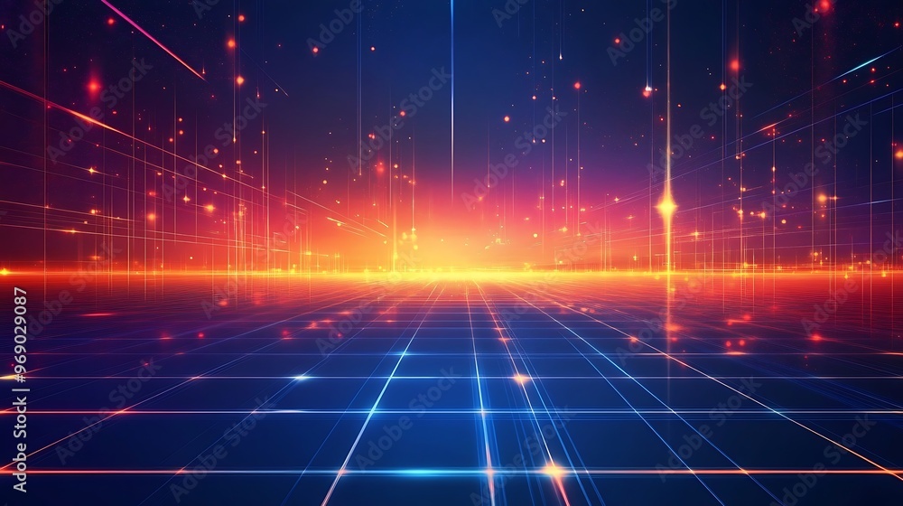 Poster Vibrant digital landscape with glowing lines and particles, creating a surreal futuristic atmosphere for technology and design projects.