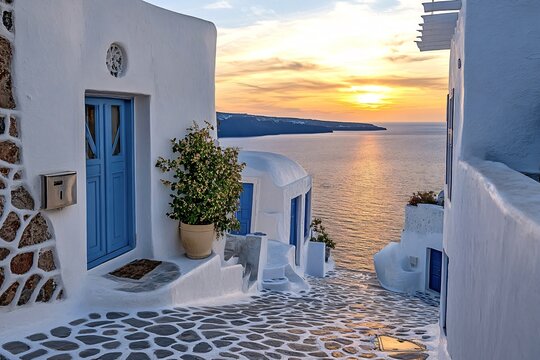 Fototapeta Narrow street with whitewashed houses and blue doors and trim is leading to the aegean sea with a beautiful sunset in the background