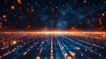 Obraz premium Vibrant digital landscape with glowing particles and lines representing advanced technology and futuristic concepts.