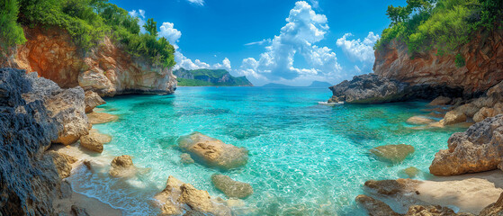  A secluded bay with crystal clear blue waters flowing over a rocky shoreline and towering cliffs...