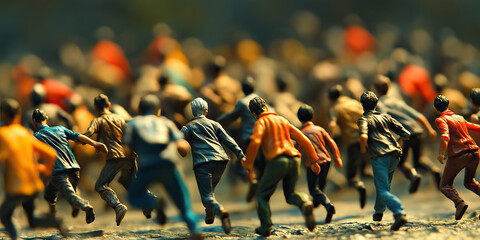 Frenzied Flight: Panic-stricken group of figures sprinting in a disorderly mess, leaving chaos in their wake.