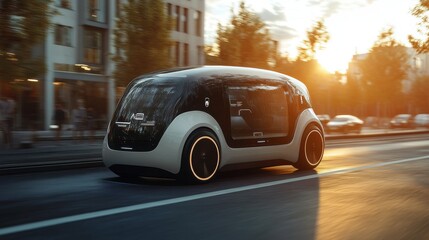 Obraz premium Futuristic AI-powered ride-sharing platforms with autonomous electric vehicles: Ride-hailing apps offering self-driving electric cars for efficient urban transport.