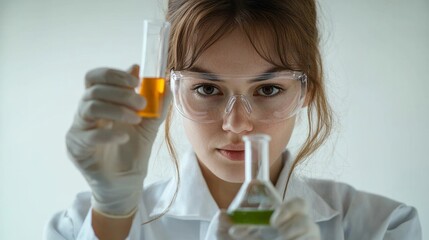 A young female scientist in a laboratory analyzing chemical reactions with test tubes during a recent research project on environmental science