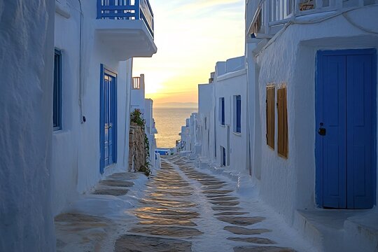 Fototapeta The warm glow of the setting sun illuminates the whitewashed buildings and cobblestone street of a traditional greek village, creating a serene and inviting atmosphere