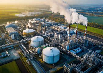 A bird's-eye view of the ammonia plant. In the foreground you can see the huge gas storage tanks, the pipelines connecting different parts of the plant, and the chimneys releasing steam