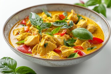 A  dish of Thai yellow curry with chicken and vegetables