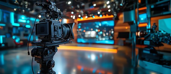 Professional video camera setup in a modern TV studio with bright stage lights and equipment for broadcasting and production.