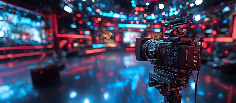 Professional TV studio setup with a high-definition camera and vibrant lighting, ready for live broadcasting or recording purposes.