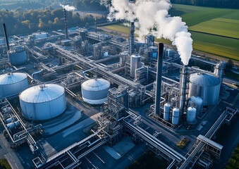A bird's-eye view of the ammonia plant. In the foreground you can see the huge gas storage tanks, the pipelines connecting different parts of the plant, and the chimneys releasing steam