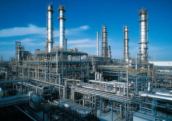 Fototapeta premium A bird's-eye view of the ammonia plant. In the foreground you can see the huge gas storage tanks, the pipelines connecting different parts of the plant, and the chimneys releasing steam