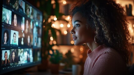 A woman engages in a virtual meeting from her cozy home, surrounded by warm lighting and plants, connecting with colleagues in a digital workspace during the evening
