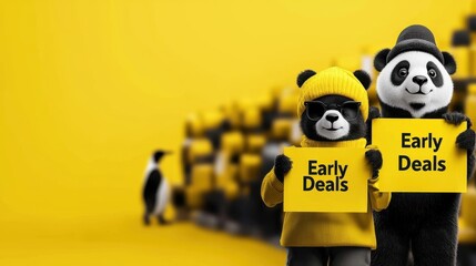 Dynamic Duo Promoting Early Bird Deals in Busy Store on Black Friday with Copy Space for Text