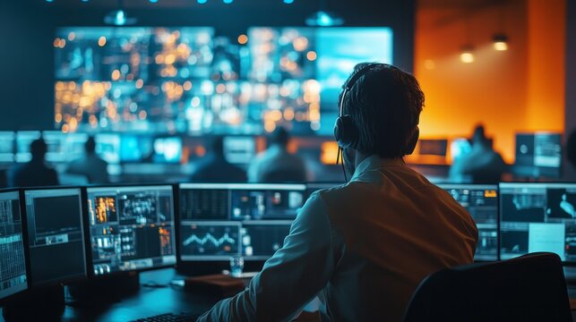 People engaged in monitoring data in a high-tech control center at night, focused on multiple screens displaying real-time information and analytics. 