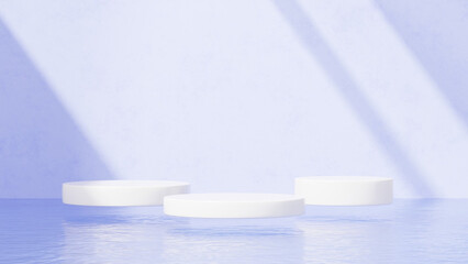 Background featuring an empty product display mockup with a purple backdrop and abstract geometric platforms designed for showcasing merchandise in landscape orientation.