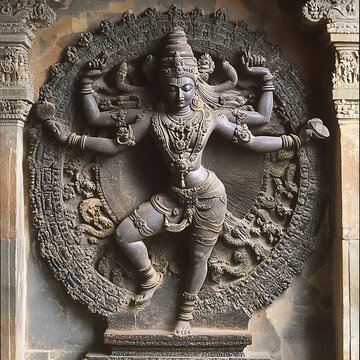 Intricate Stone Sculpture of Hindu Deity in Temple Wall.