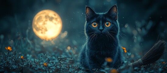 Enchanting black cat under a glowing moonlit night surrounded by magical atmosphere with flowers and a broomstick.
