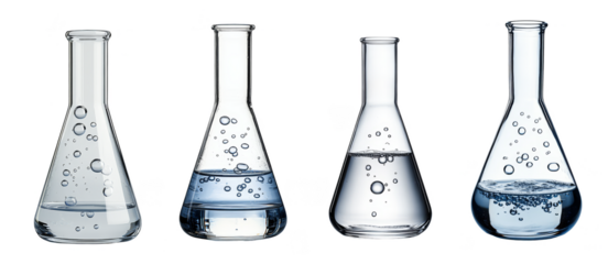 Laboratory glassware with liquid and bubbles for scientific experiments transparent background