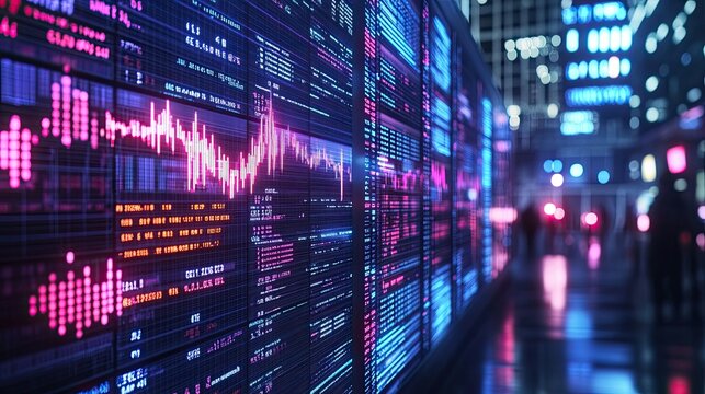 A high-resolution image of a stock market ticker tape scrolling across a digital screen, displaying real-time market data and financial news.