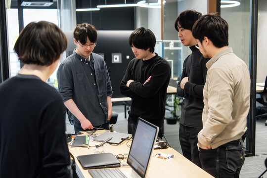 A team of engineers discussing a solution to a technical problem in a project about machine learning systems, a group portrait reflects cooperation and innovation in a modern work environment.