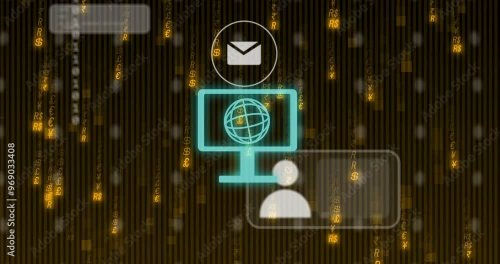 Poster animation of media icons and globe over binary coding