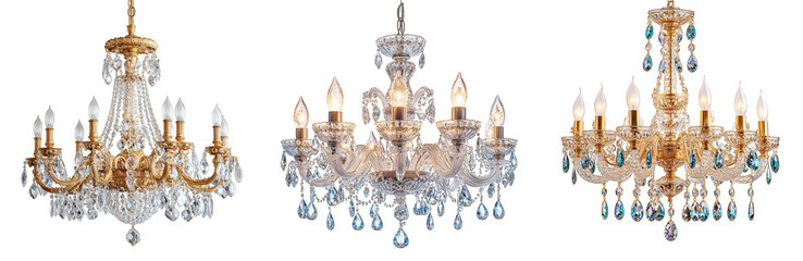 Luxurious crystal chandeliers in gold and silver for elegant home decor transparent background