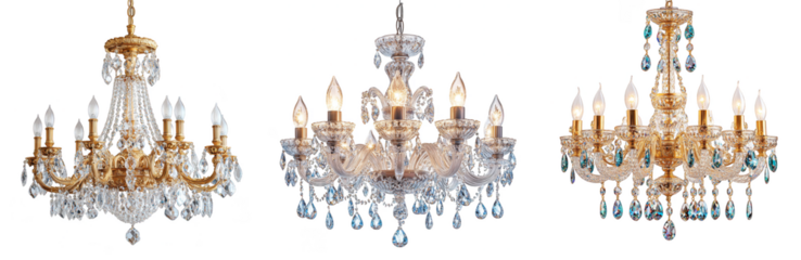Luxurious crystal chandeliers in gold and silver for elegant home decor transparent background